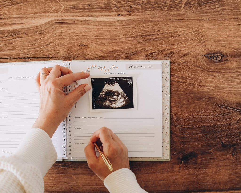 Lucy Darling Pregnancy Journal Attaching the sonogram to the first trimester page