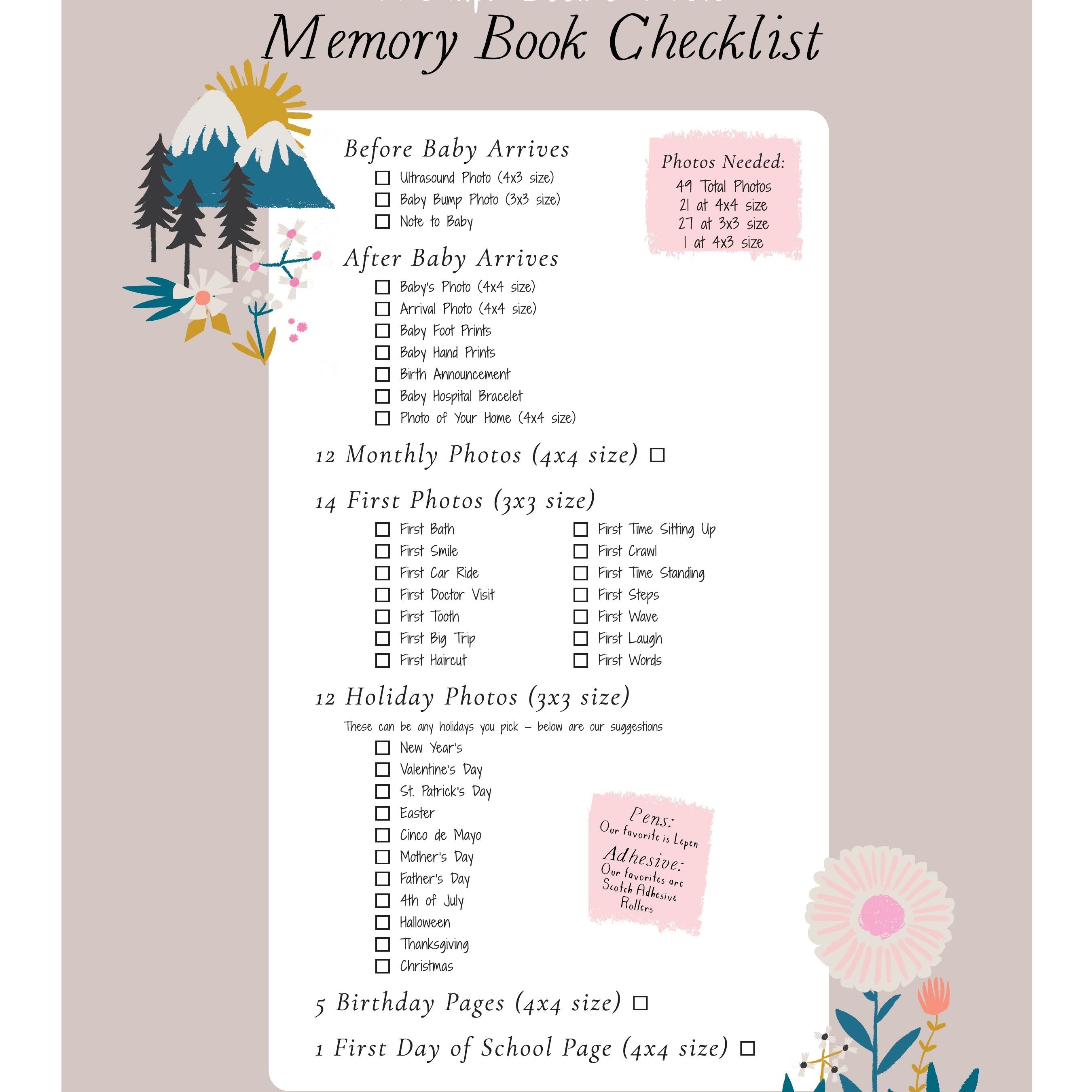 Baby memory book checklist: all 49 photos by size