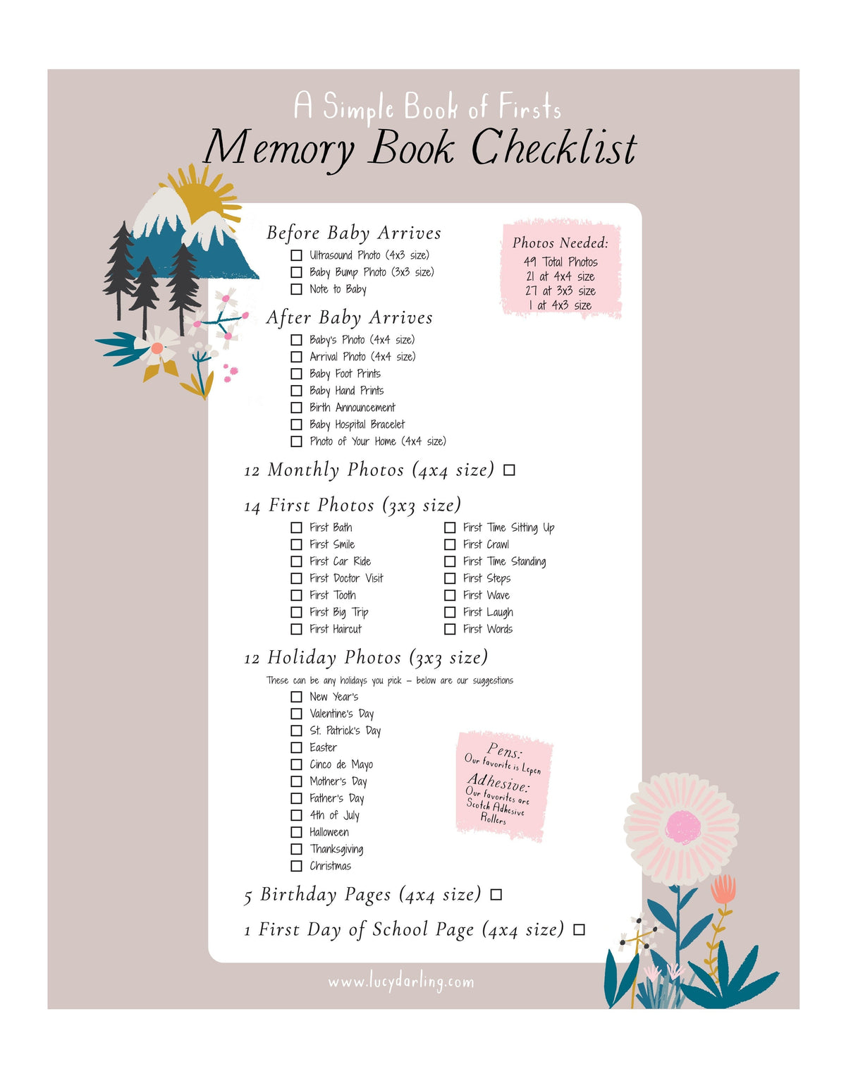 Baby memory book checklist: all 49 photos by size