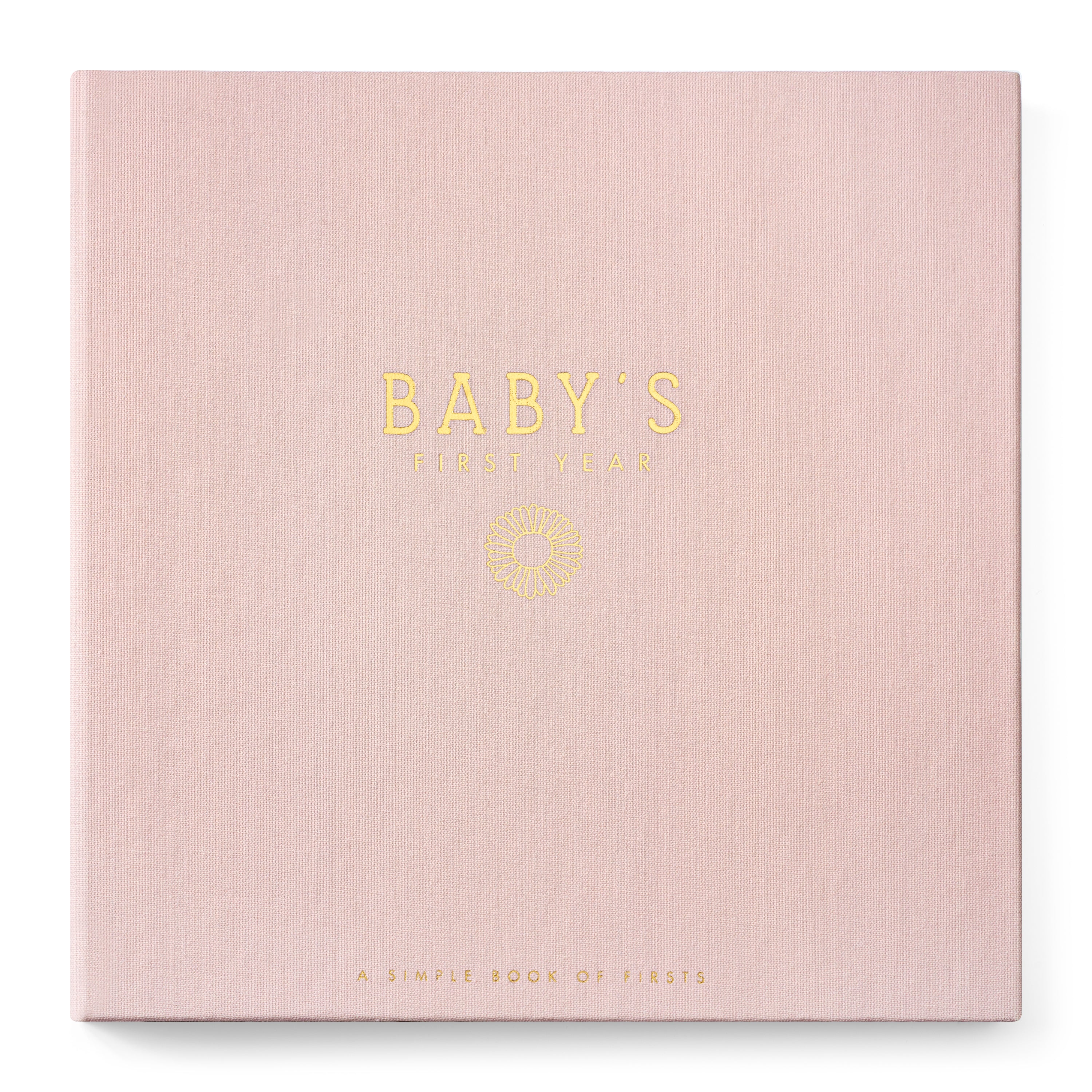 Wildflower Meadow Luxury Baby Memory Book with blush pink linen cover and gold embossed daisy — heirloom keepsake