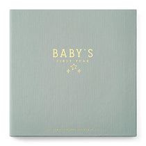 Celestial Skies Luxury Baby Memory Book with sage green linen cover and gold embossed stars — heirloom keepsake