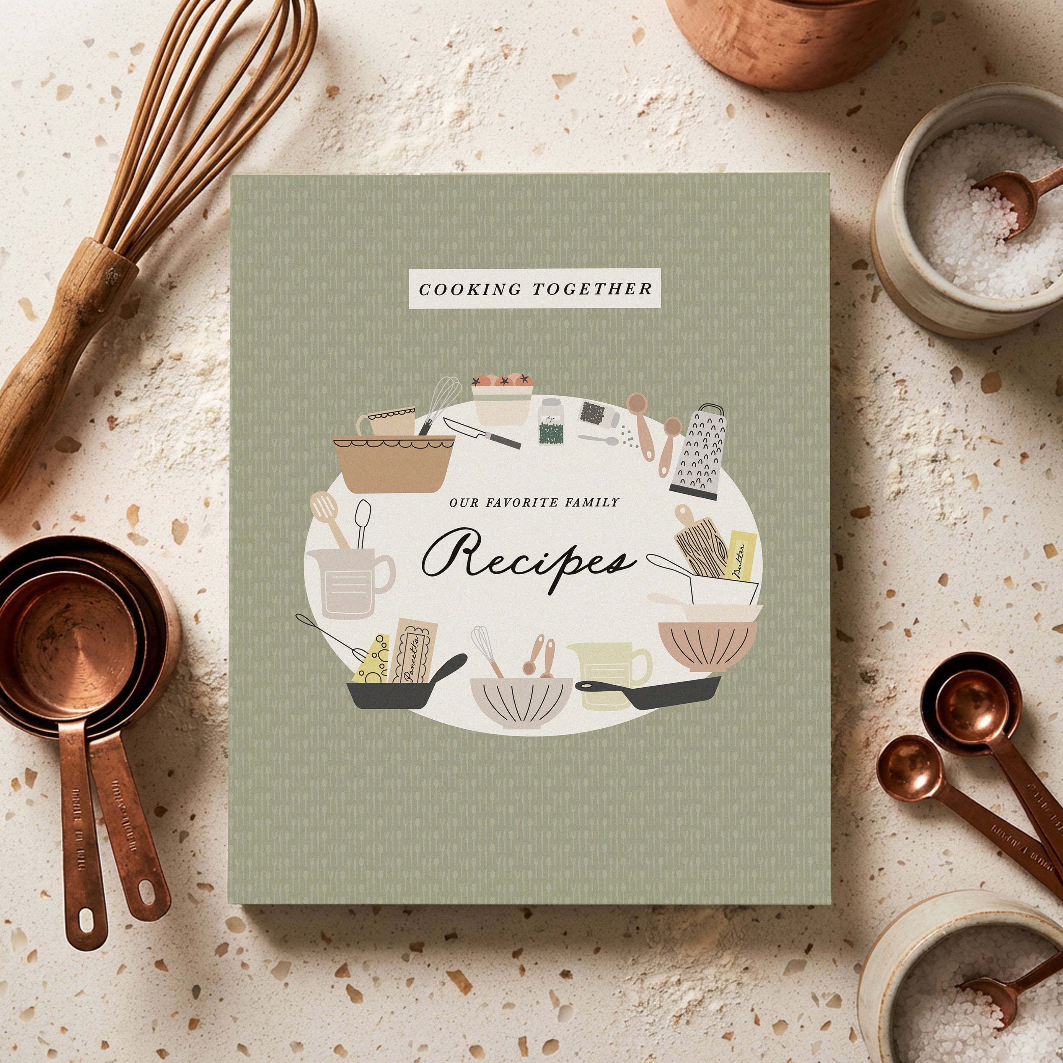 Cooking Together family recipe book sage green cover with copper props