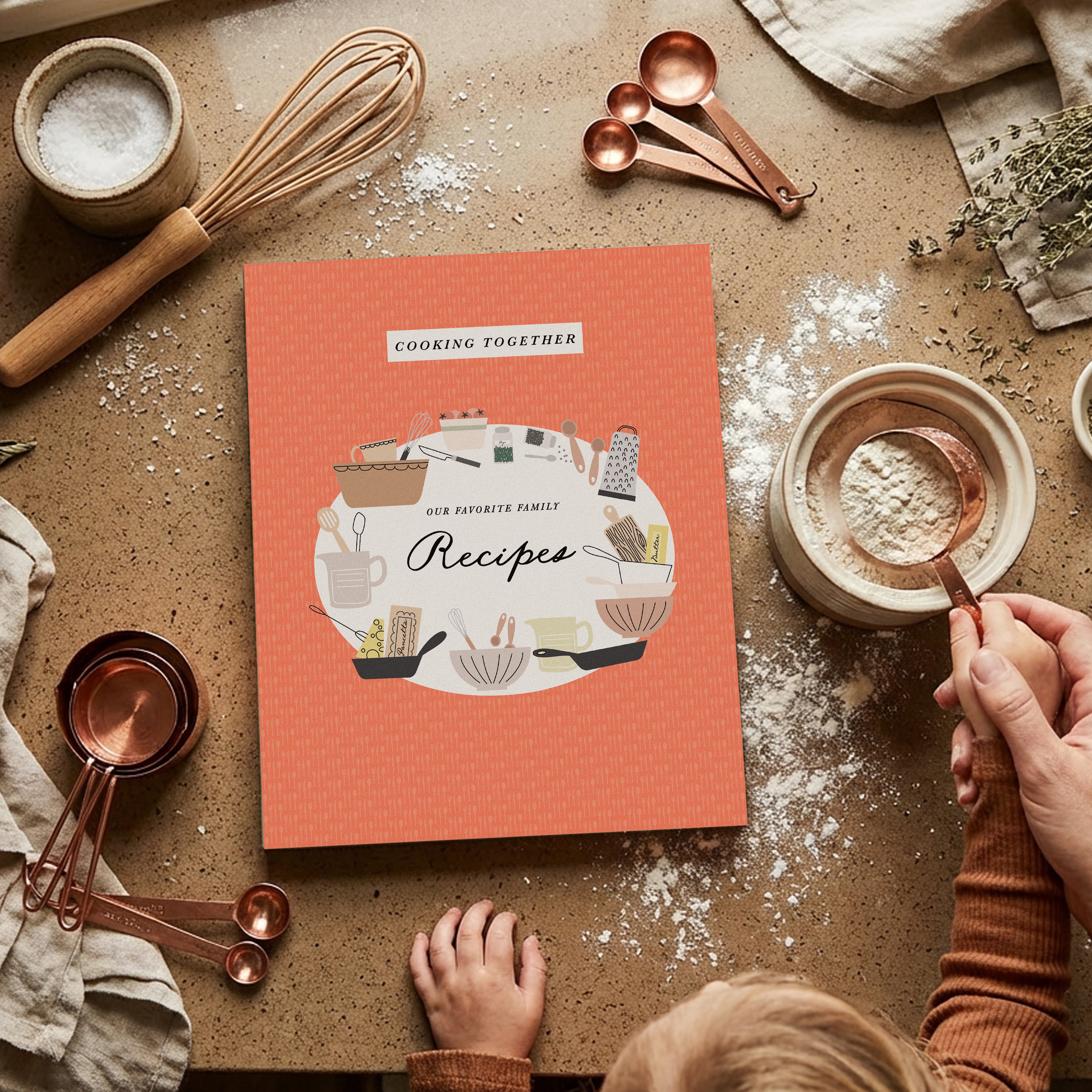 Cooking Together family recipe book red coral cover with copper props