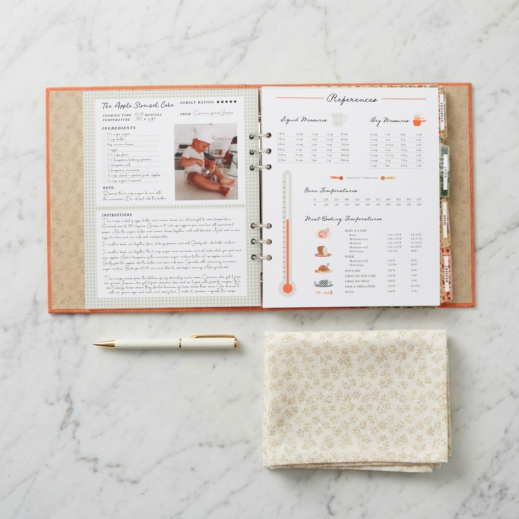 Cooking Together recipe book - filled in Apple Streusel Cake recipe spread