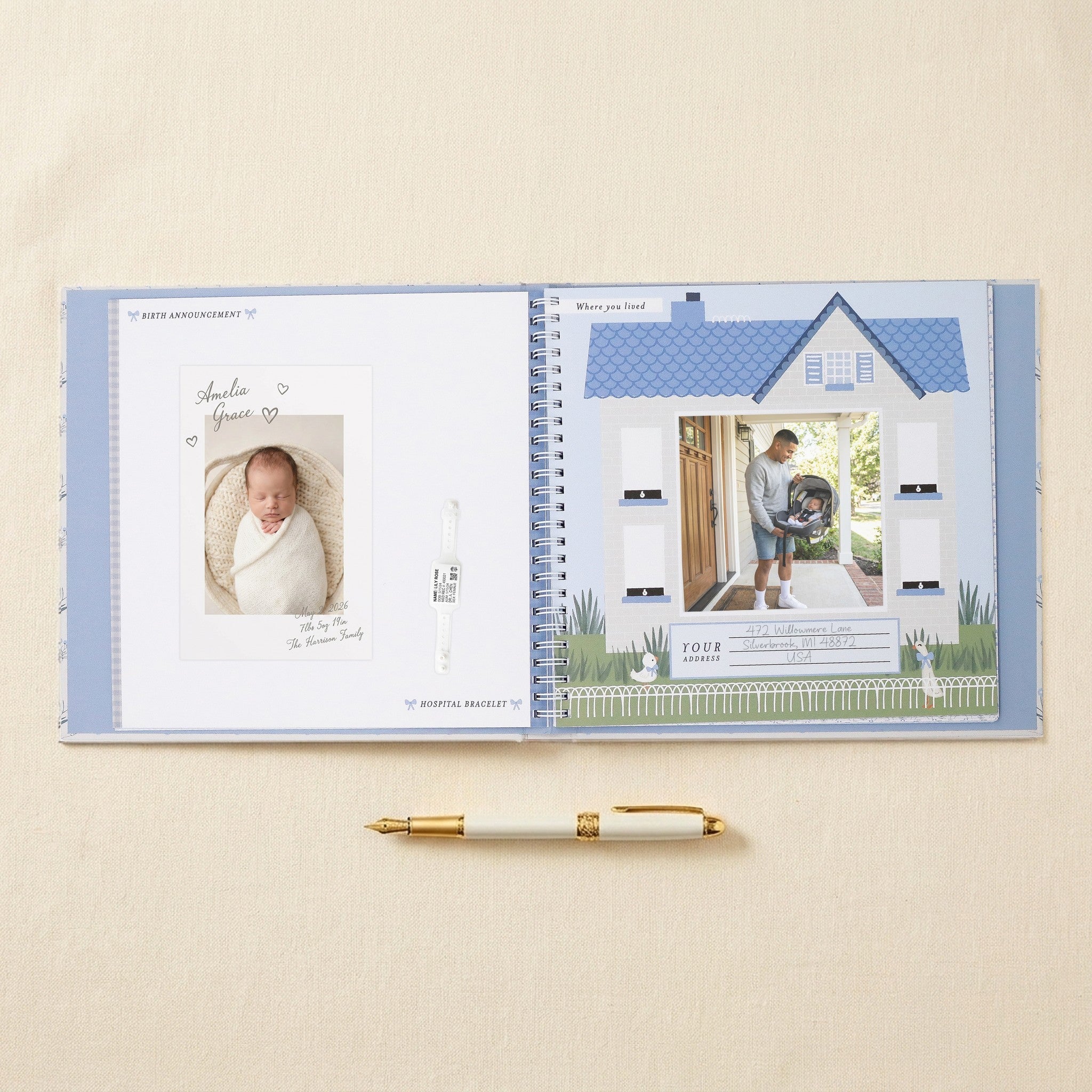 Little Goose Baby Memory Book — birth announcement and where you lived spread filled in