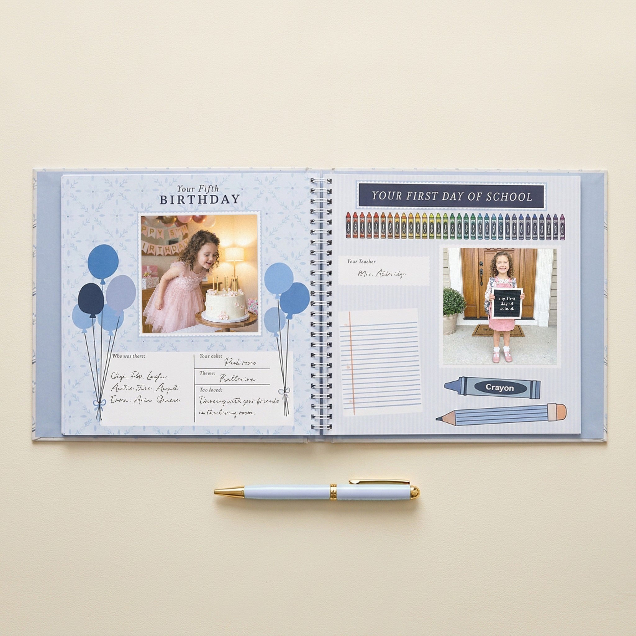 Little Goose Baby Memory Book — 5th birthday and first day of school spread filled in