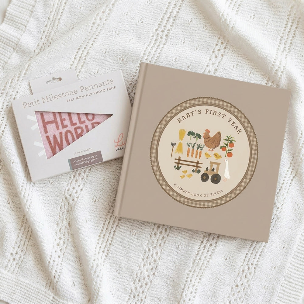 Little Farmer baby memory book with Hello World milestone pennant, ready to gift