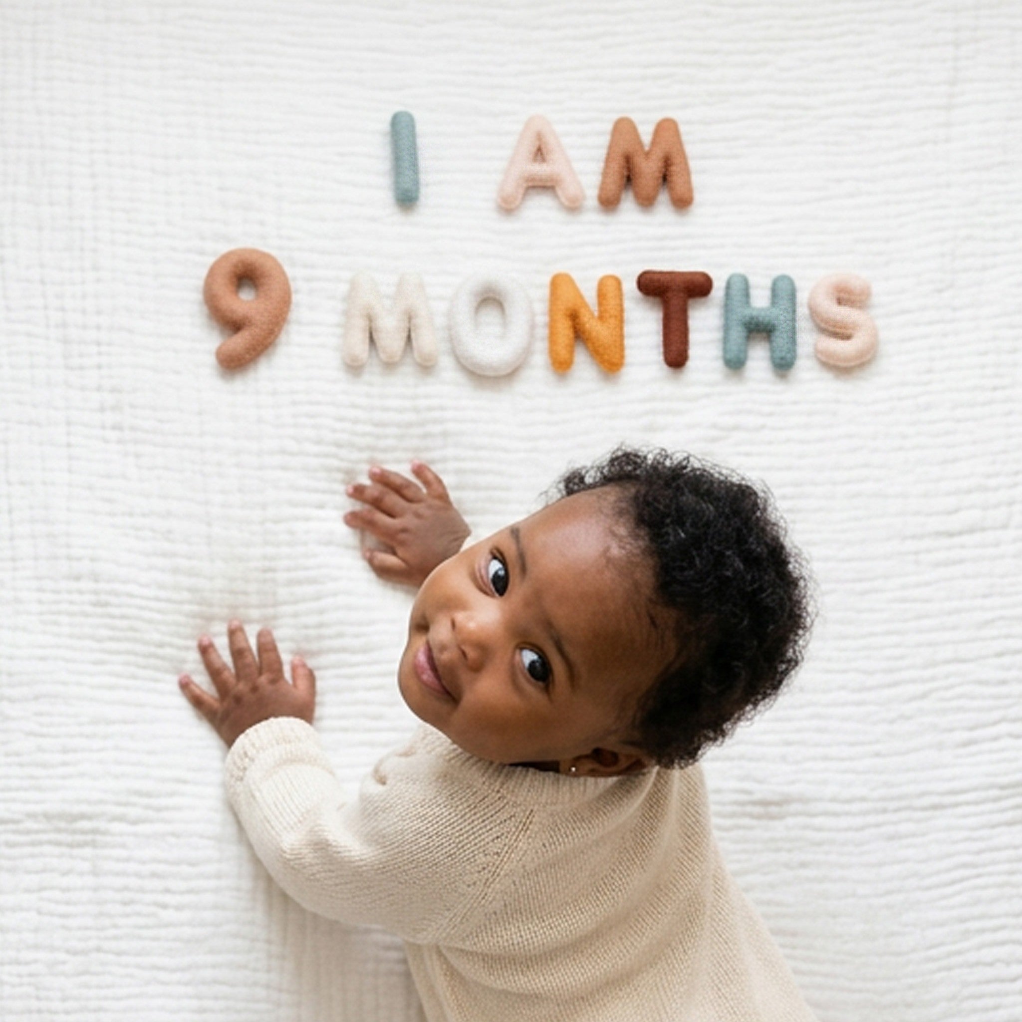 Baby in a cream cable-knit cardigan reaching toward Neutral Felt Milestone Numbers spelling "I AM 9 MONTHS" on a white textured background.