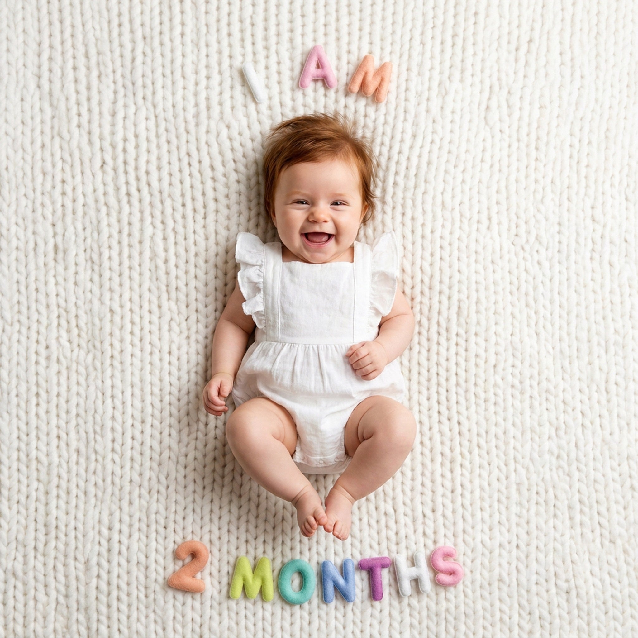 Pastel Felt Milestone Numbers spelling "I AM 2 MONTHS" arranged around a laughing baby on a cream knit blanket.