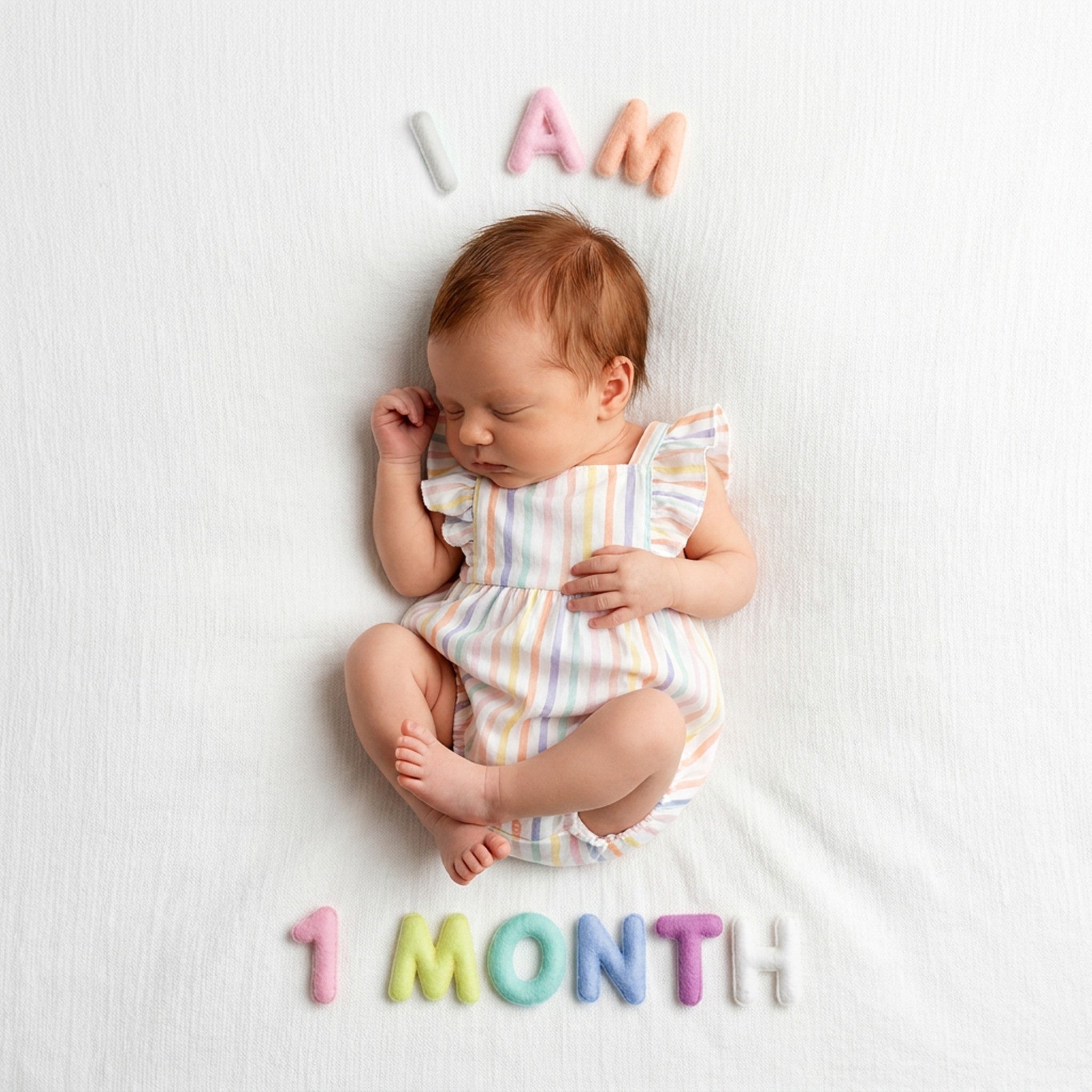 Pastel Felt Milestone Numbers spelling "I AM 1 MONTH" around a sleeping newborn in a pastel rainbow striped romper.