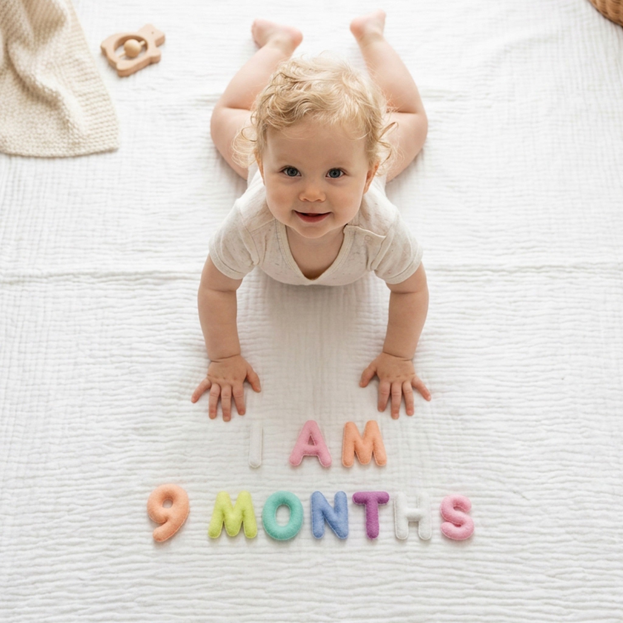 Smiling baby doing tummy time on a white muslin blanket with Pastel Felt Milestone Numbers spelling "I AM 9 MONTHS" and a wooden binoculars teether nearby.