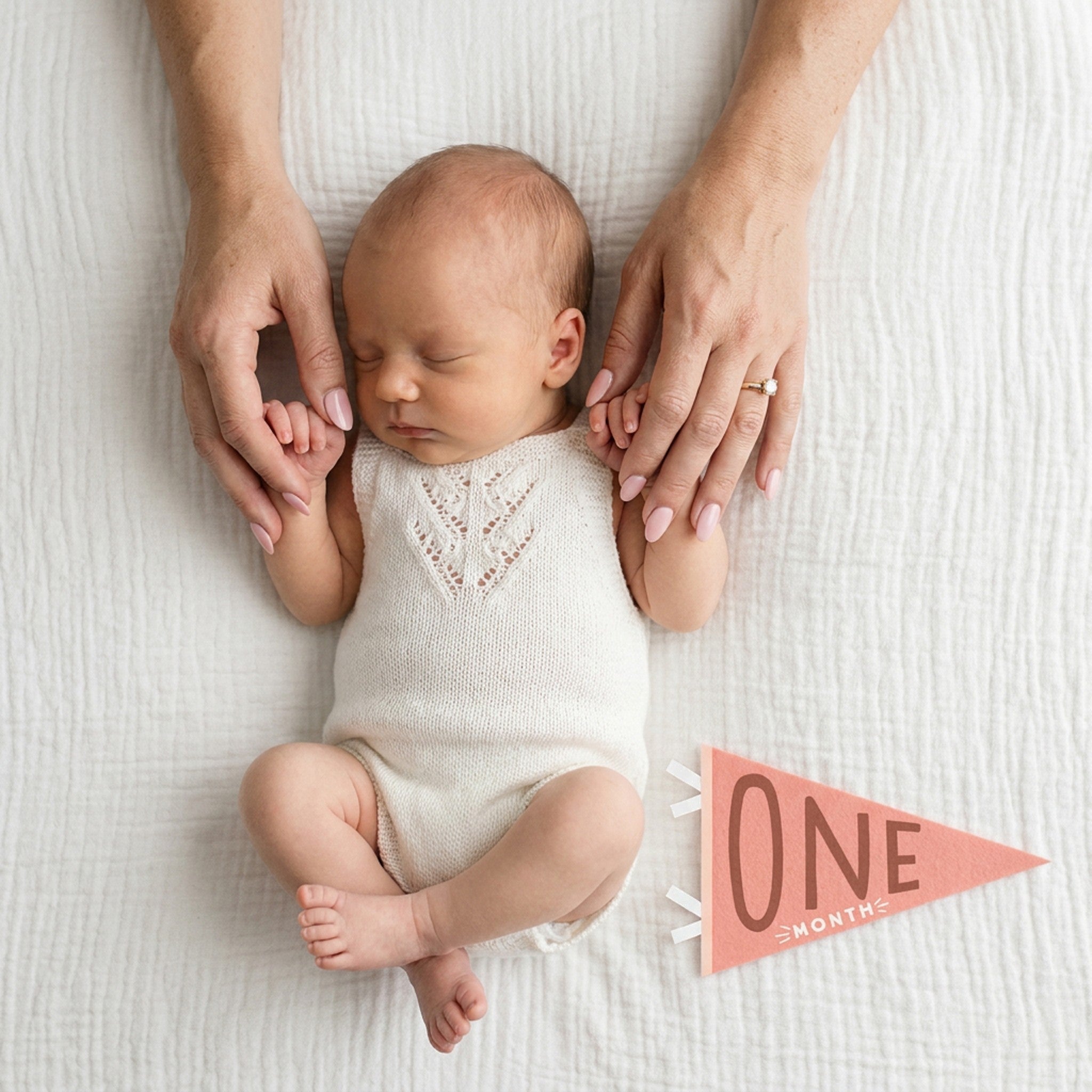 1-month milestone photo with mom's hands and Blushing Meadows pennant