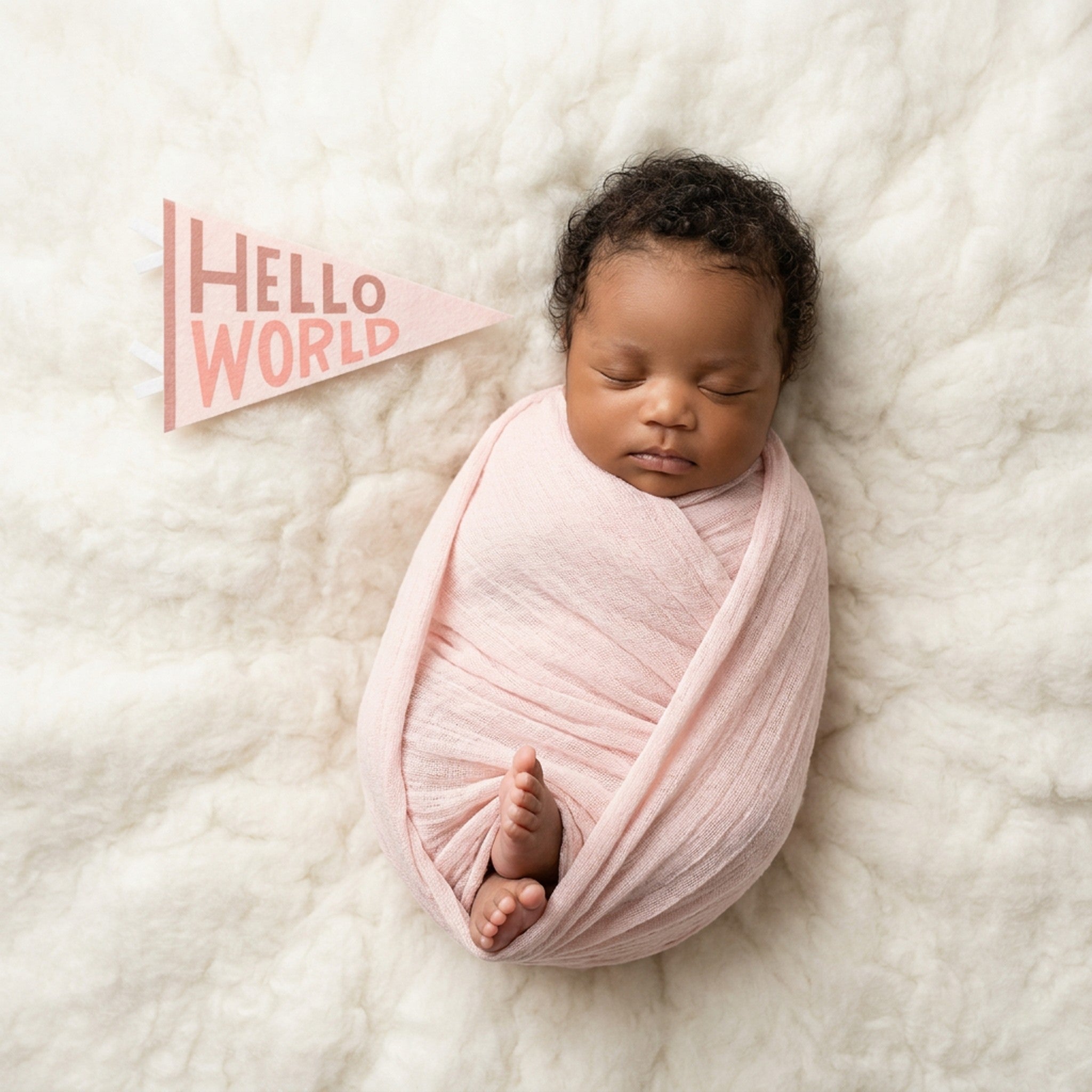 Newborn hello-world milestone photo with Blushing Meadows pennant