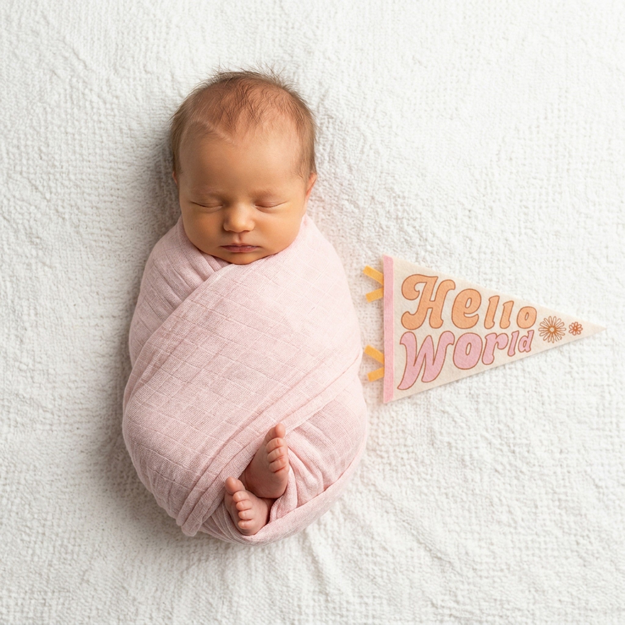 Newborn hello-world milestone photo with Flower Child pennant