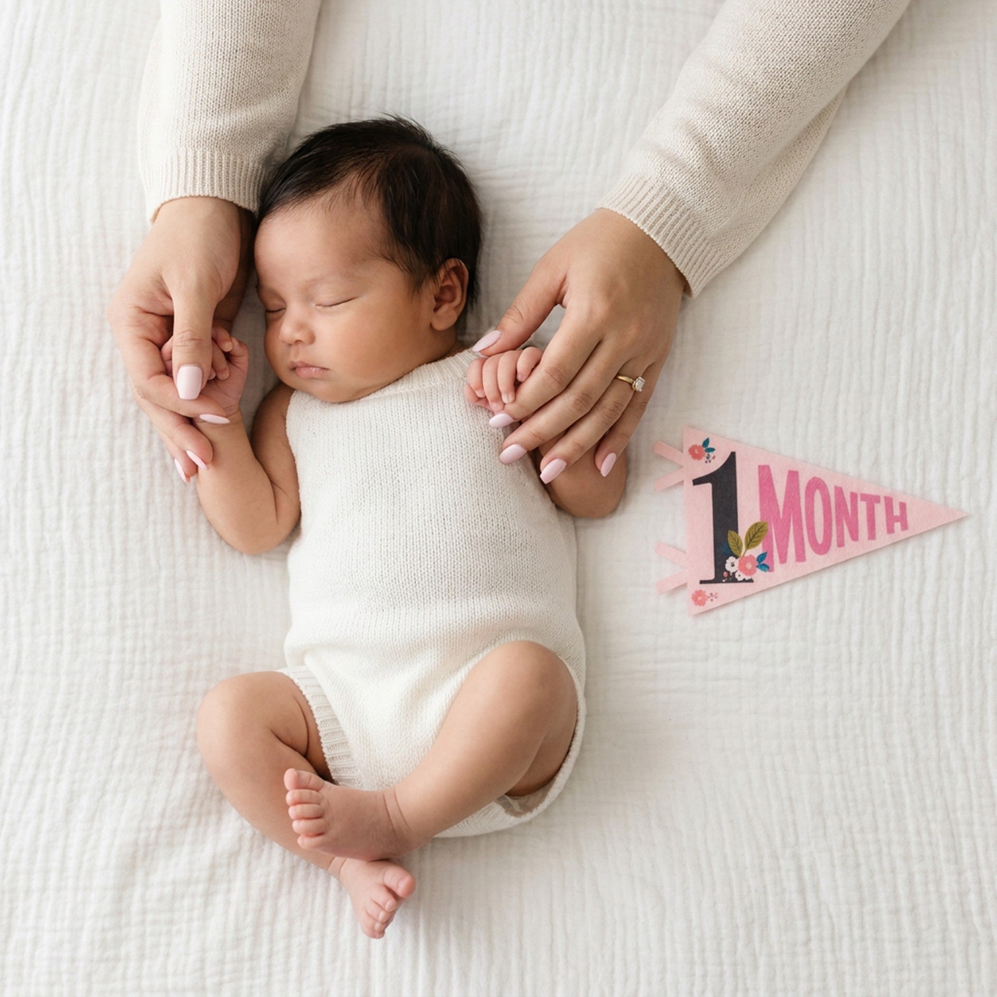 1-month milestone photo with mom's hands and Little Artist pennant