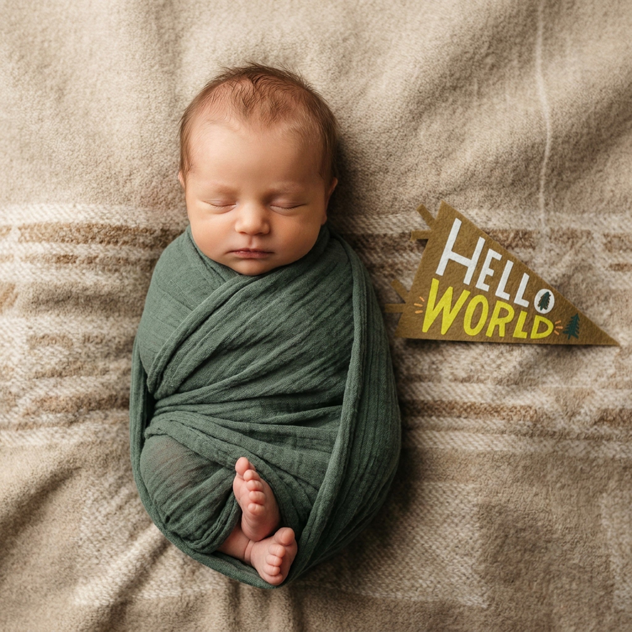 Newborn hello-world milestone photo with Little Camper pennant