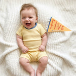 5-month milestone photo with Little Kaleidoscope pennant