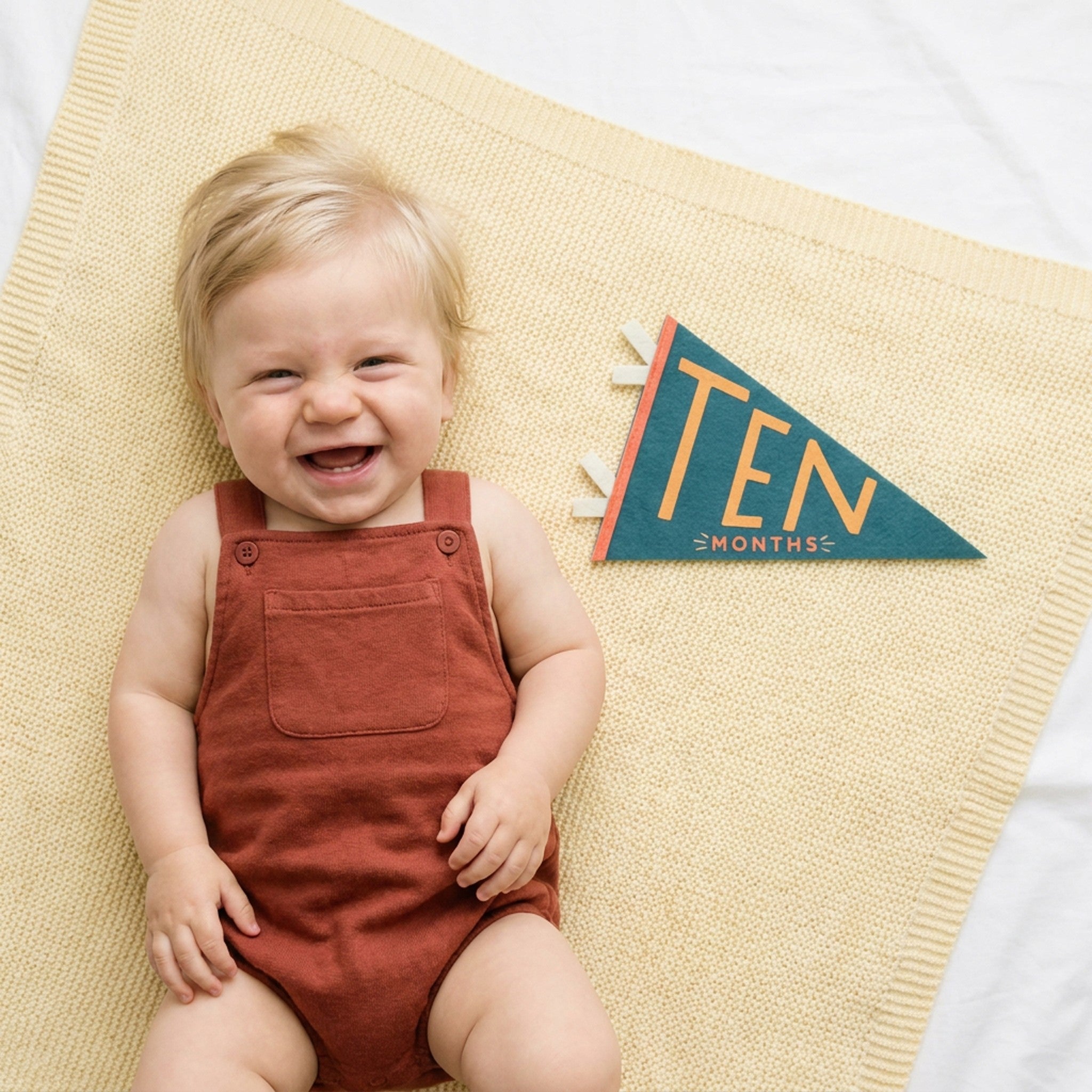 10-month milestone photo with Little Kaleidoscope pennant