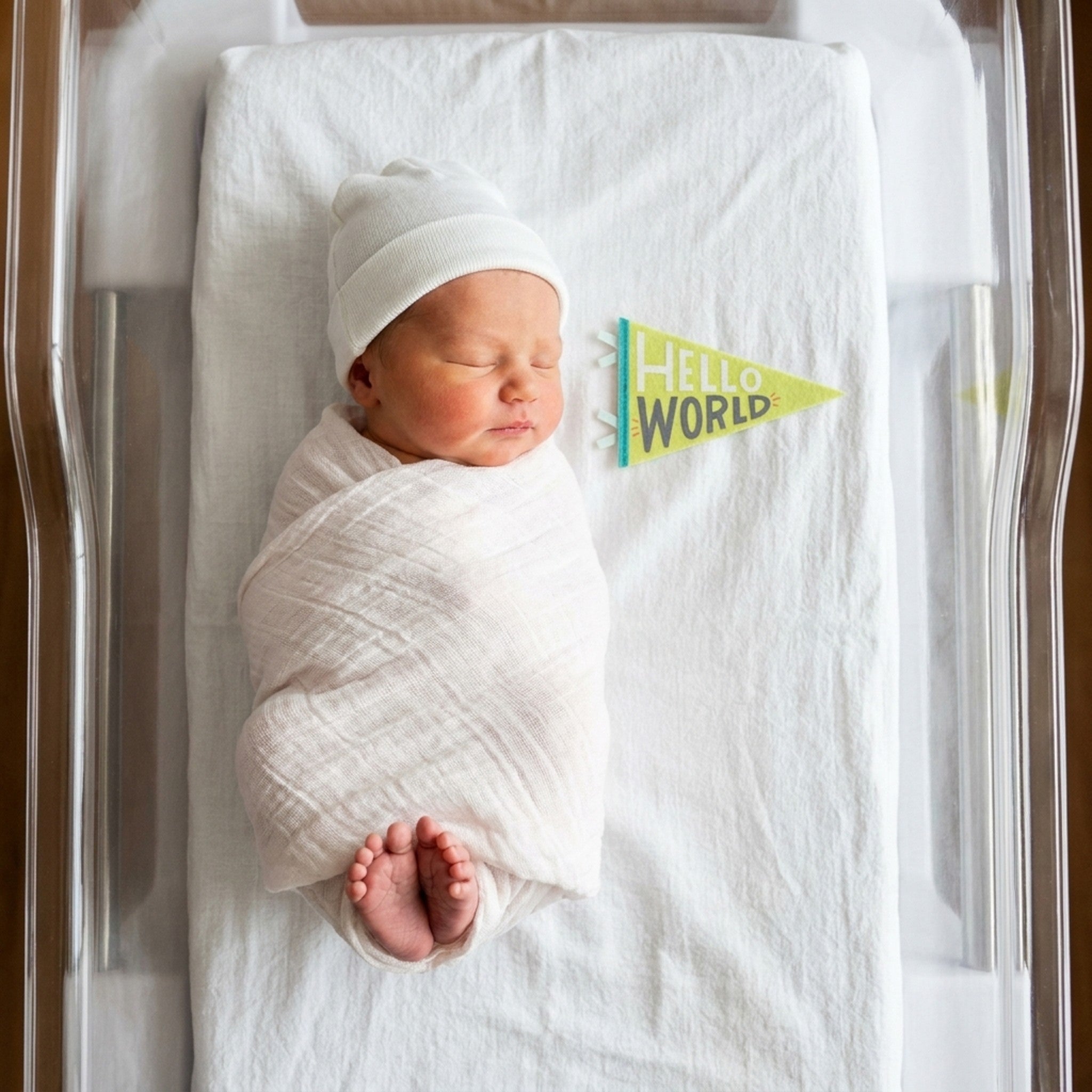 Newborn hello-world milestone photo with Little Kaleidoscope pennant