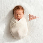 Newborn hello-world milestone photo with Mountain Fields pennant