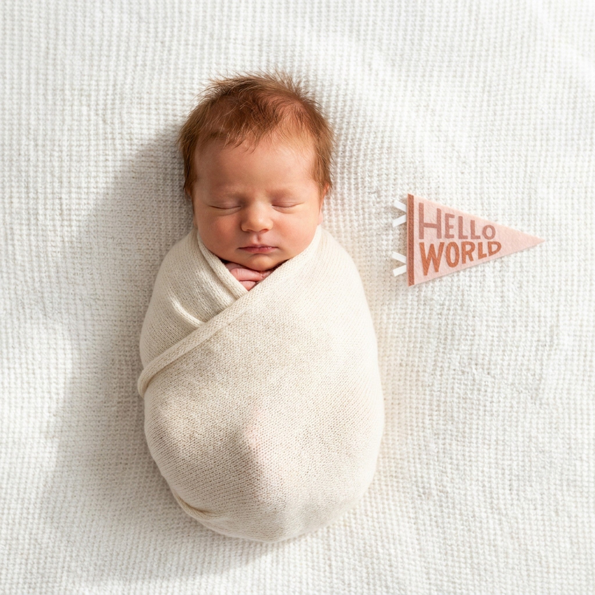 Newborn hello-world milestone photo with Mountain Fields pennant
