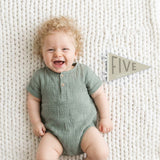 5-month milestone photo with Mountain Fields pennant