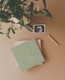 Lucy Darling Pregnancy Memory Book flat lay with sage green journal, ultrasound photo, and gold pen — pregnancy keepsake