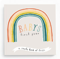 Little Rainbow Baby Memory Book with illustrated rainbow arch in earthy tones — gender-neutral heirloom keepsake